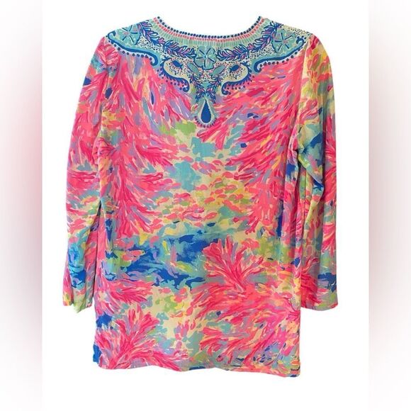 Lilly Pulitzer Sz XS Fuschia Pink Renato Palm Beach Silk Tunic Blouse - Picture 2 of 8